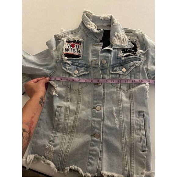 UNIF Light Wash Denim Jacket Size M You Wish For Never Retro Punk Princess - Picture 9 of 10